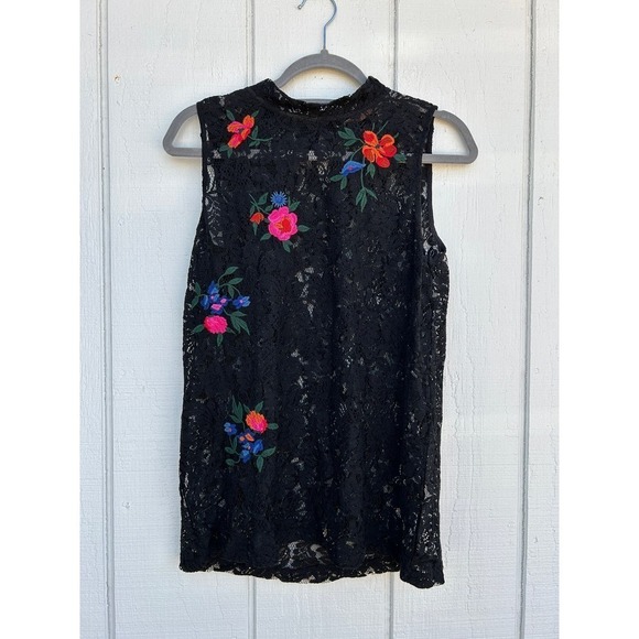 LOFT Black Sheer Lace Blouse with Embroidered Flowers, sz S - Picture 1 of 4